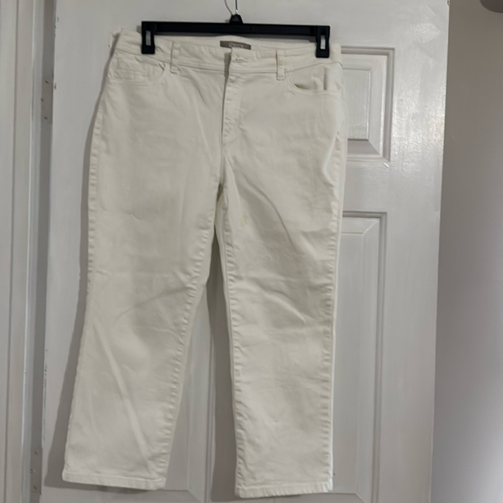 White denim Capris with royal blue embroidery in hip pockets